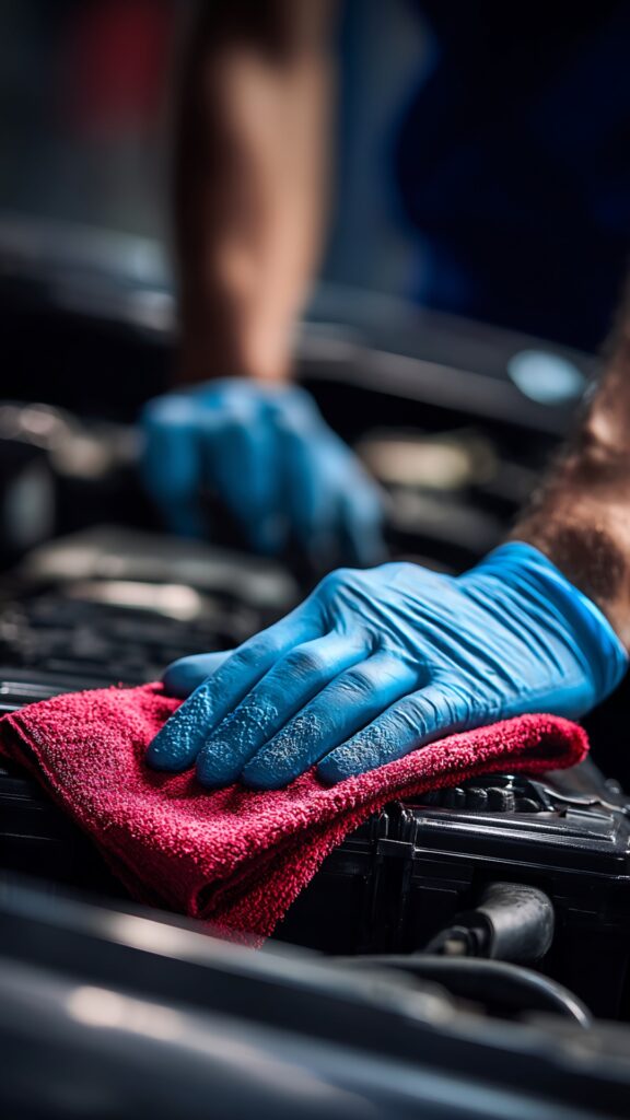 Mechaniker reinigt Automotor mit blauen Handschuhen und rotem Tuch